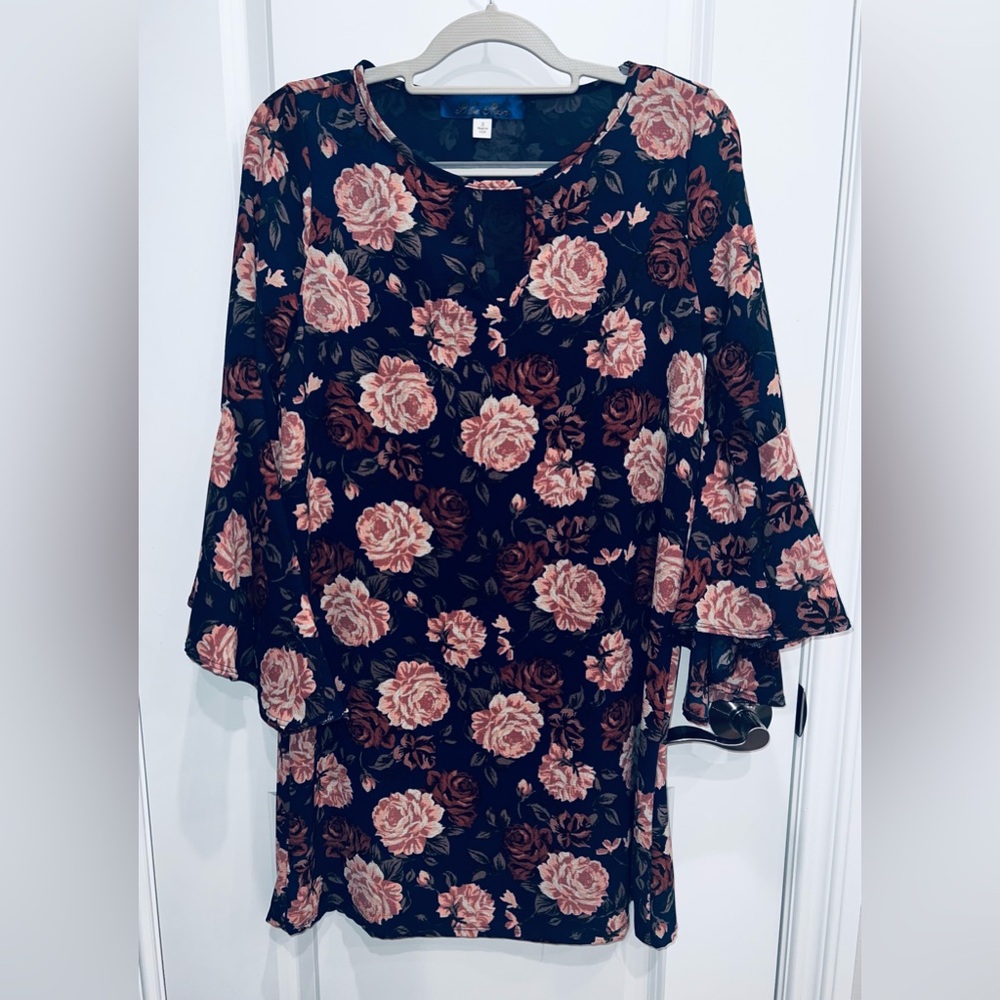 Blue Rain Woman's Navy-Blue Floral Bell Long Sleeve Chic Dress Size Small